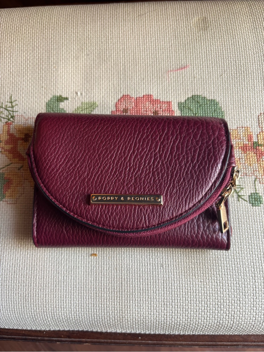 Poppy & Peonies Berry Textured Leather Wallet with Gold Hardware